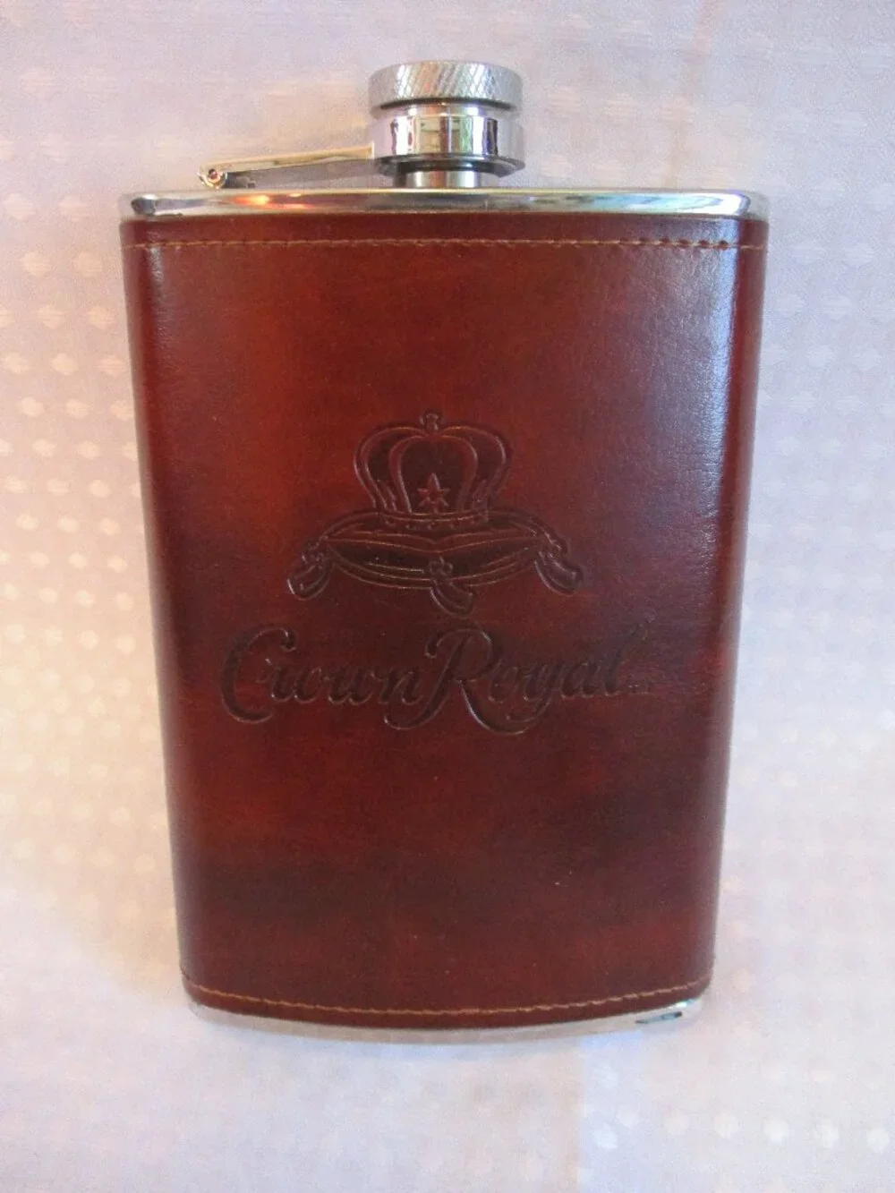 Official Crown Royal Stainless Steel & Embossed Leather Wrapped 8 Oz. Hip Flask